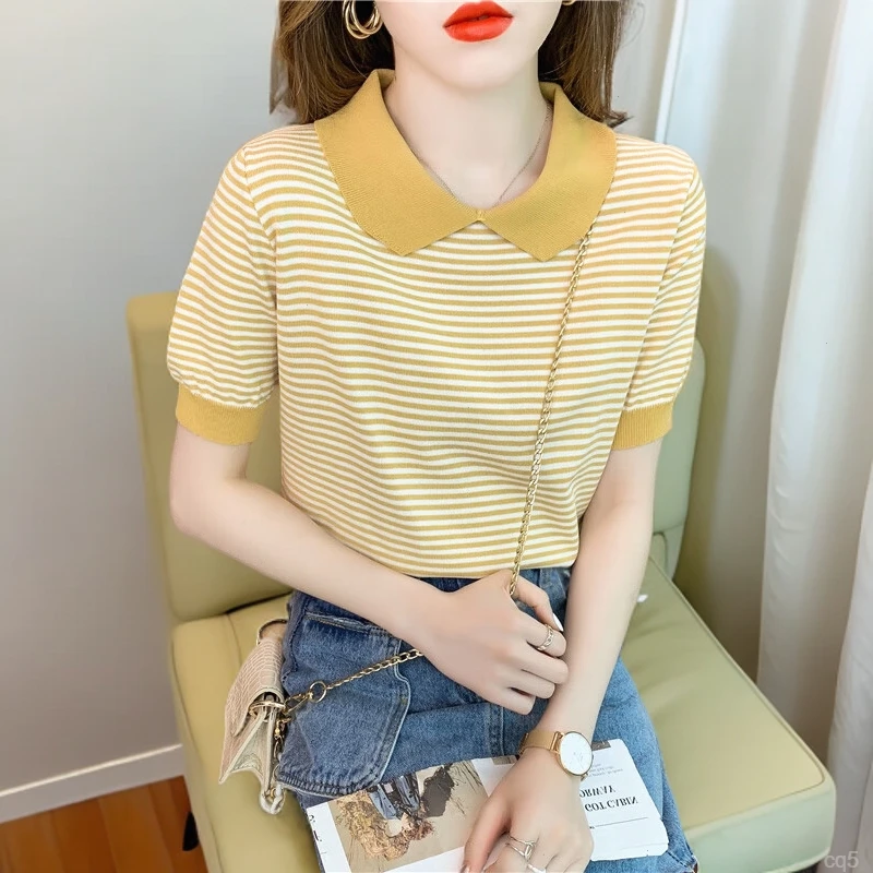 韩国东大门撞色条纹娃娃领韩系设计感冰丝针织女2025夏季别致上衣