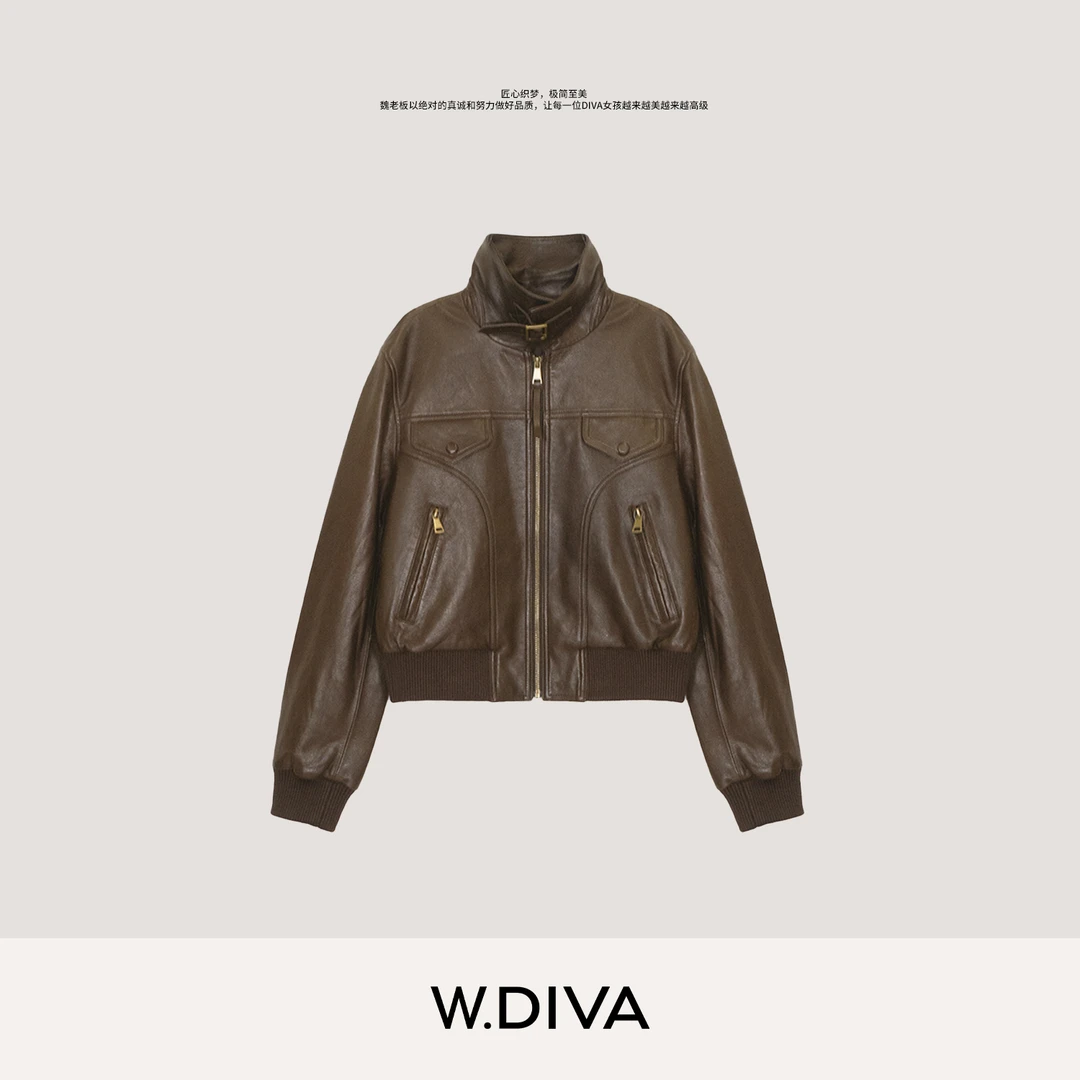 W.Diva【复古代号】绵羊皮美拉德夹克复古翻领帅气机车女53C202699