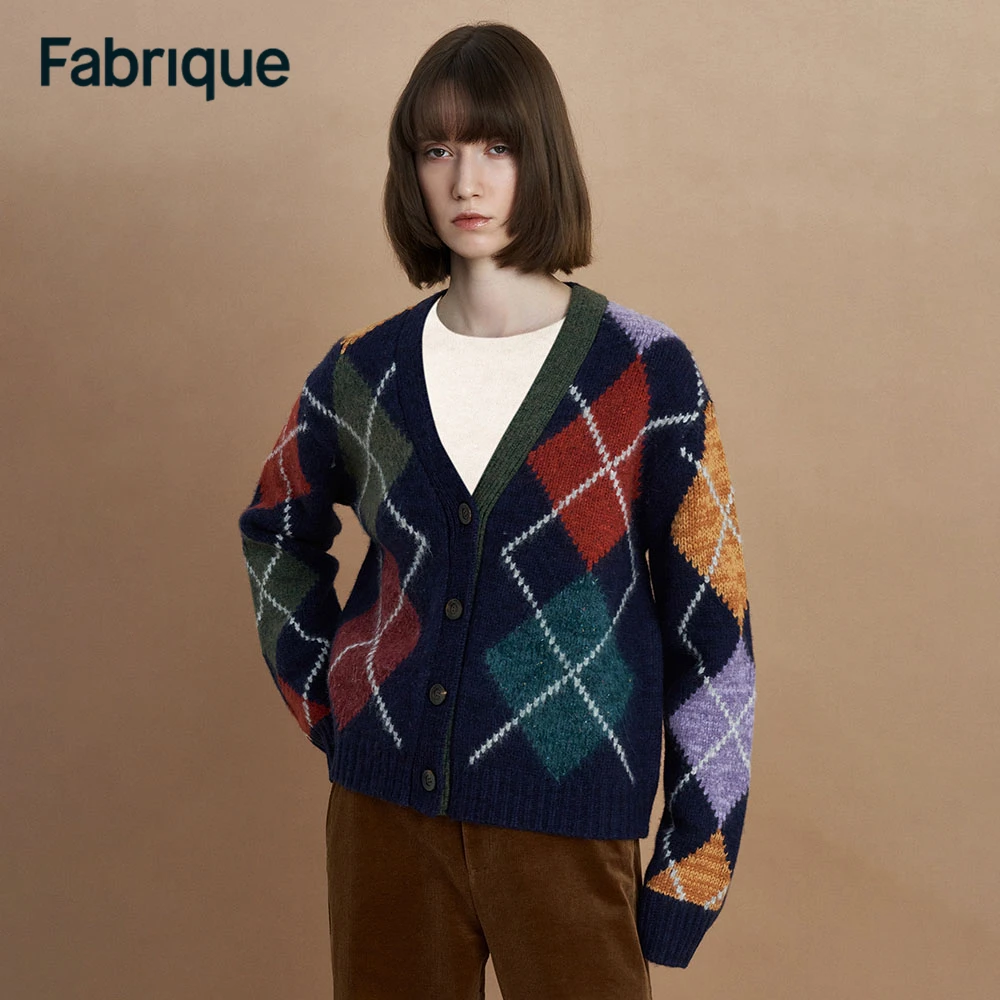 【达人专享】Fabrique深藏蓝菱格纹学院风美利奴绵羊毛针织开衫