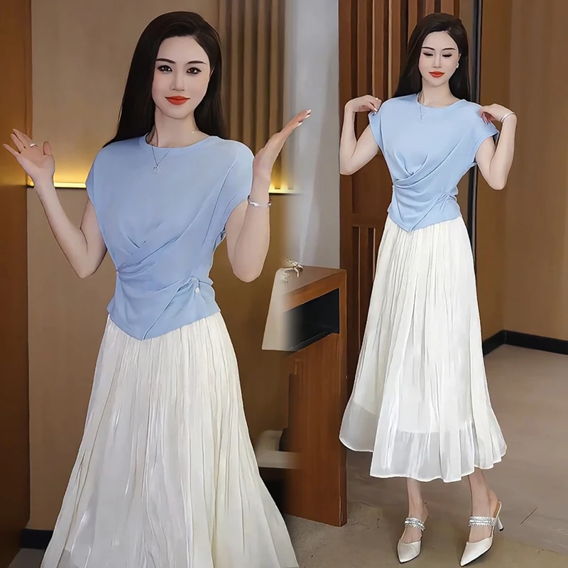 时尚套装裙女2025夏季新款时髦洋气落肩袖修身上衣半身裙两件套裙