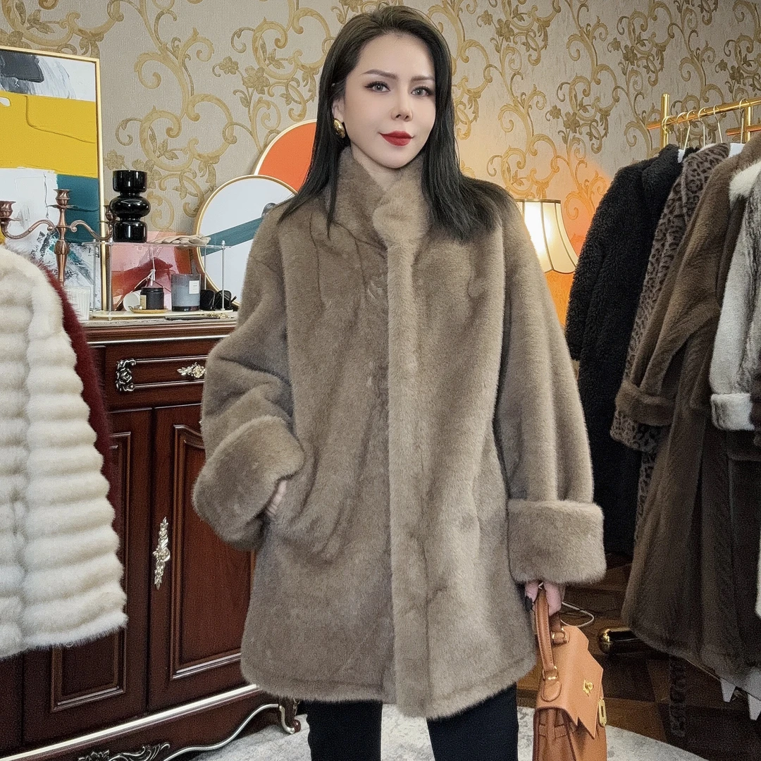 新疆包邮新款欧貂绒吸扣立领草草外套中长款简约时尚保暖外套女