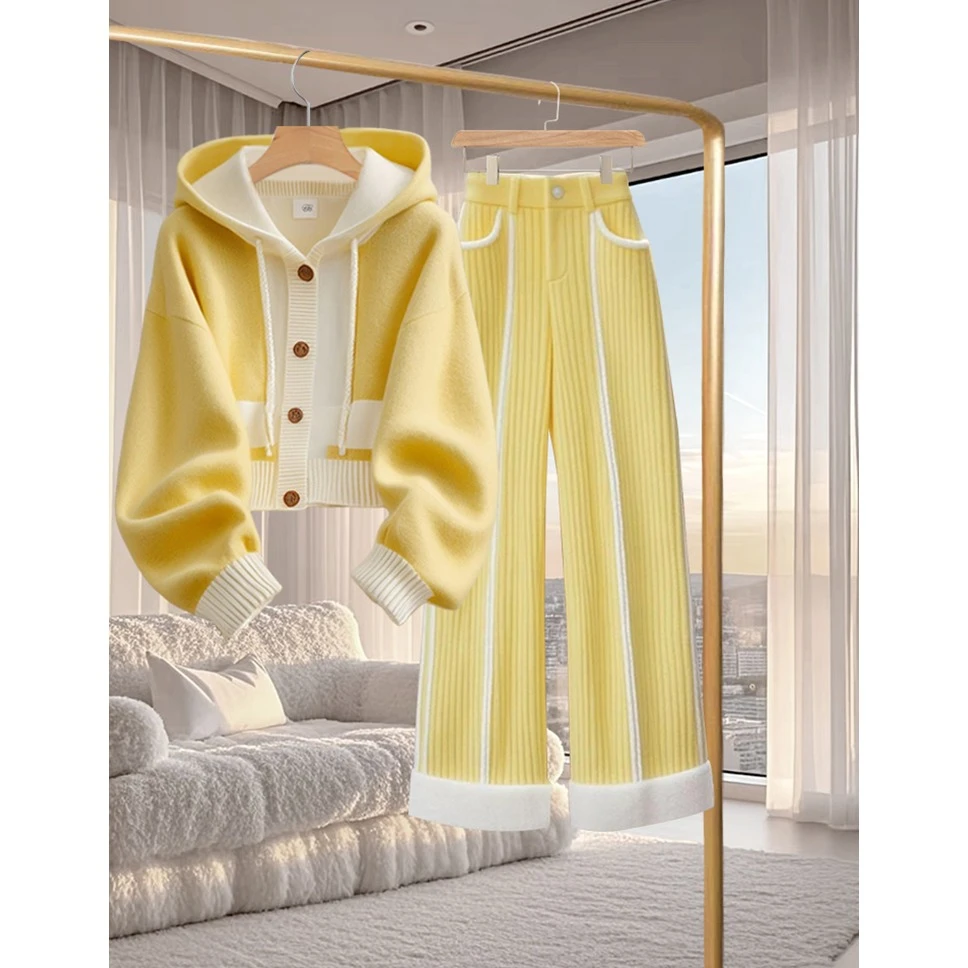 韩系搭配一整套冬装高级感超好看黄色毛衣阔腿裤两件套装女