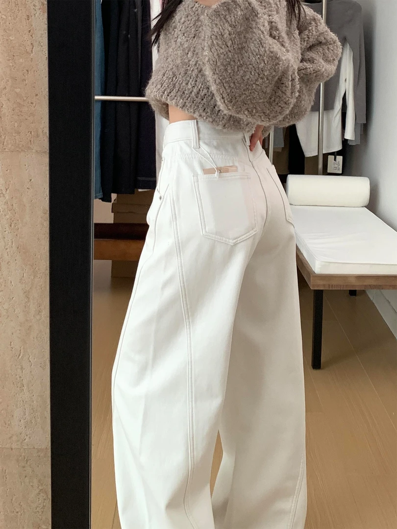 白色牛仔裤加厚绒女2025新款弯刀裤大码胖mm显瘦阔腿裤梨形报恩裤