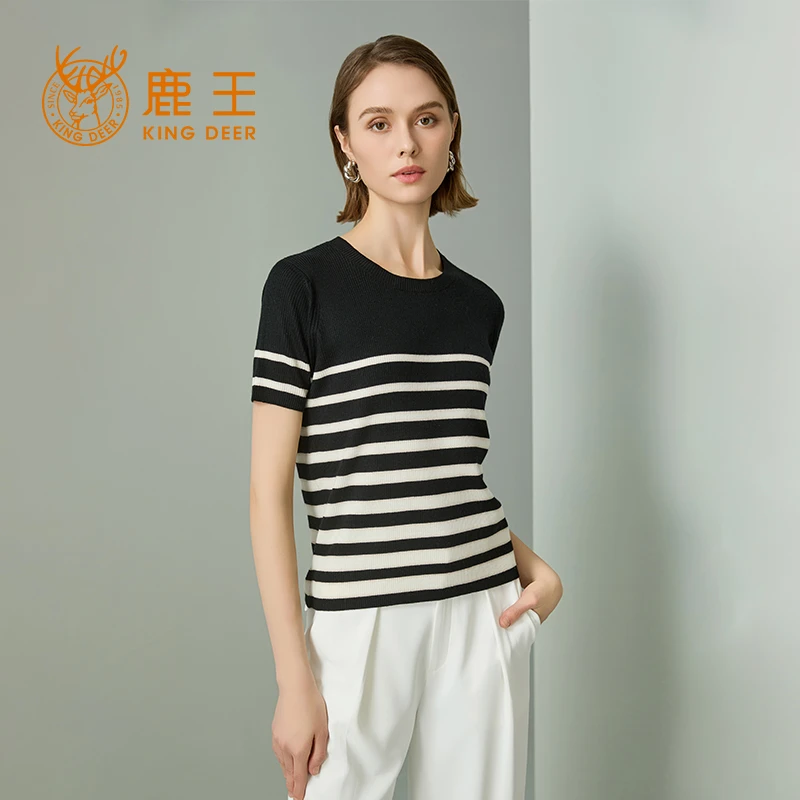 【专柜同款】鹿王圆领正肩短袖女条纹百搭羊毛针织半袖25春季新款