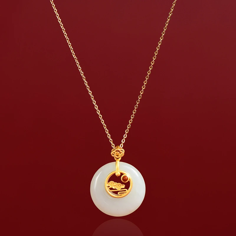 项链平安扣和田玉平安扣项链女S925复古中国风镂空祥云锁骨链