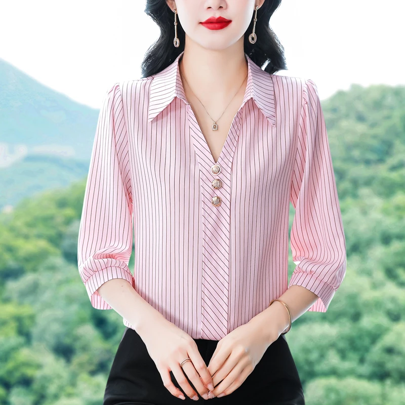 夏季衬衫女士时尚中年妈妈夏装短袖雪纺上衣洋气气质2025新款小衫