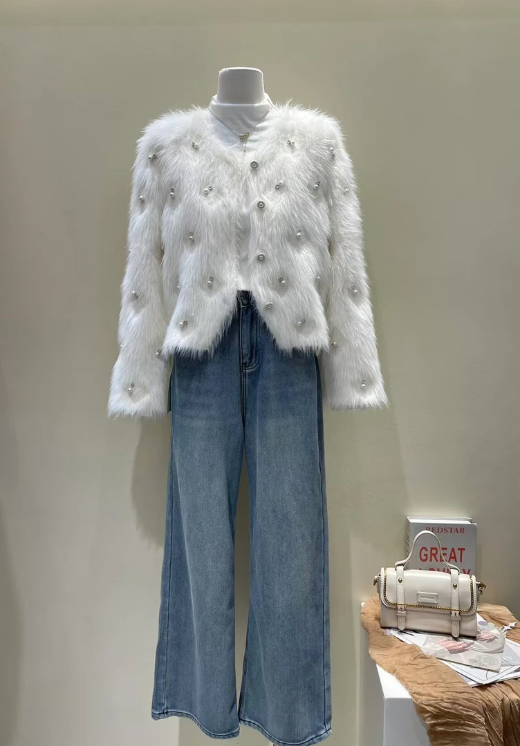 毛针织衫短款圆领V领流苏名媛气质显瘦设计师白色秋季上衣