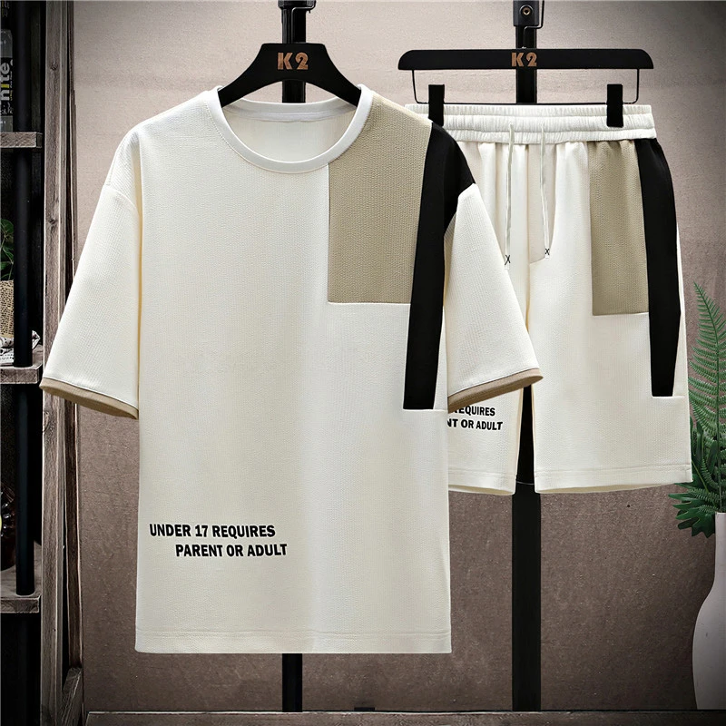 夏季韩版拼接圆领半袖时尚运动大码男装百搭短袖宽松潮流休闲套装