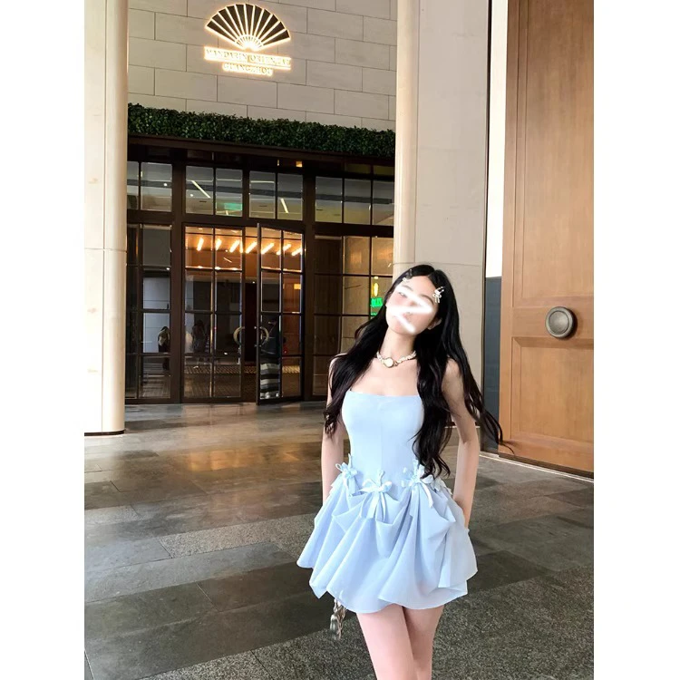 多重穿甜妮重工蝴蝶结吊带中长款连衣裙女春季修身显瘦A字裙短裙