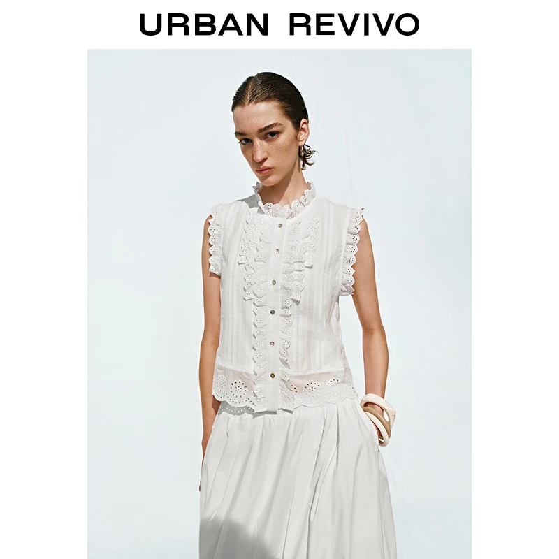 UR2025夏季新款女装拼接蕾丝镂空刺绣短袖开襟衬衫UWH250099