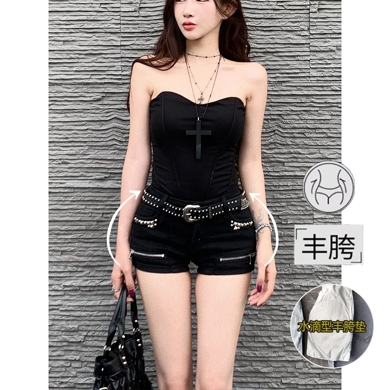 个性低腰丰胯牛仔短裤女2025年秋季新款弹力显瘦辣妹黑色铆钉热裤