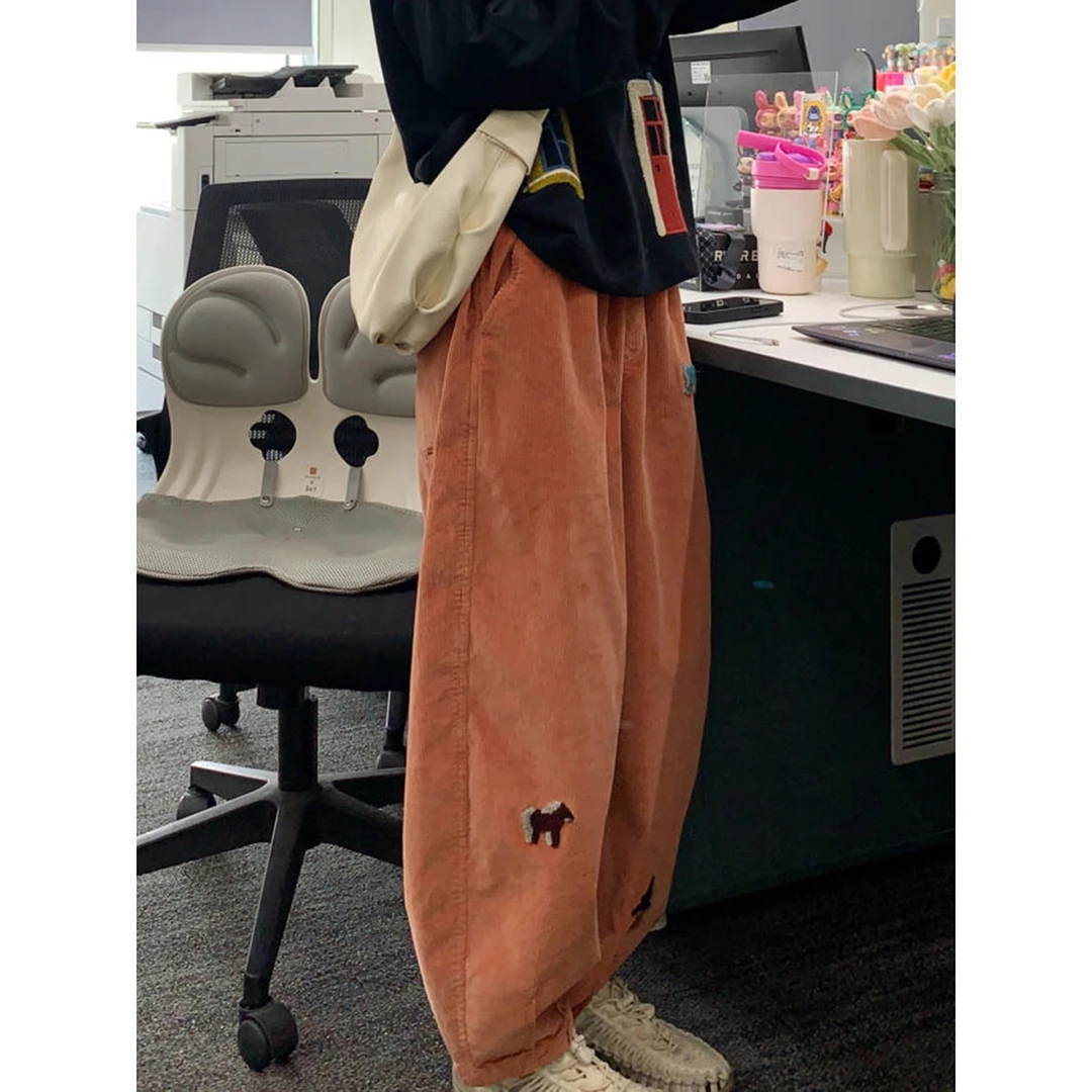 橘色灯芯绒休闲裤女加厚秋冬季2025新款松紧腰绣花直筒裤萝卜裤子