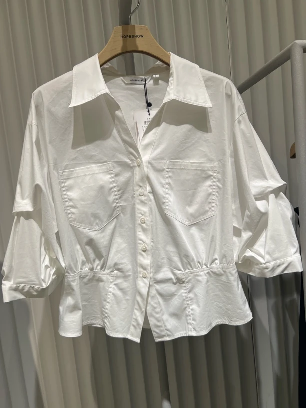 夏季新款抗皱中袖白色翻领收腰显瘦简约衬衫女装