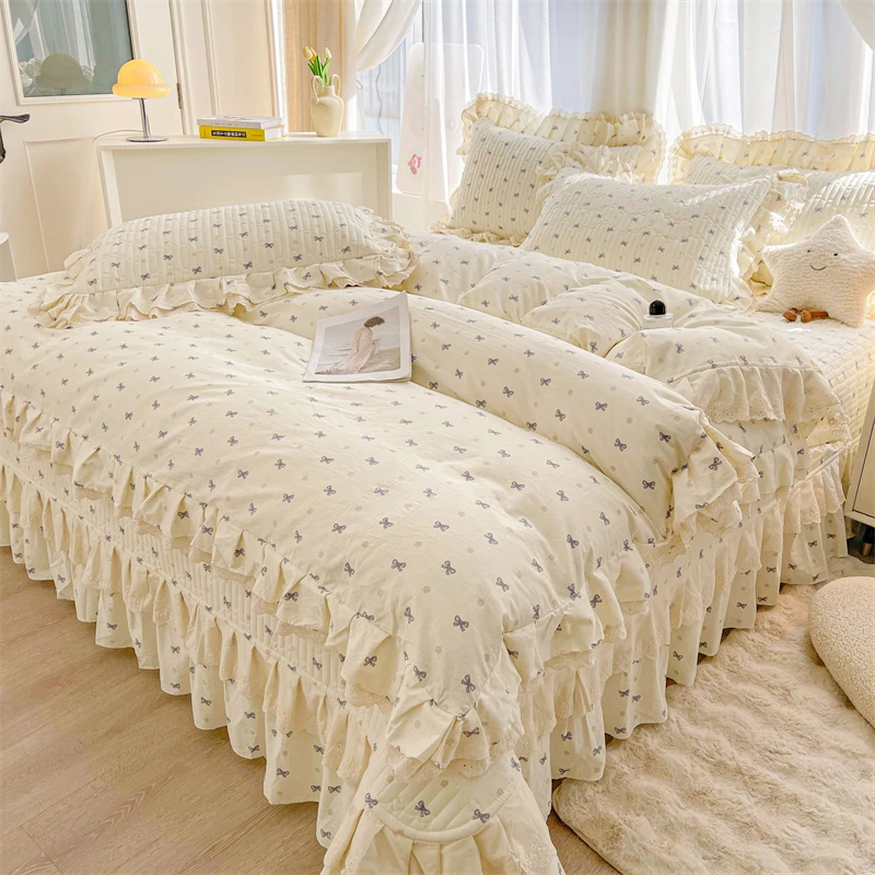 2025新款高端全棉纯棉花边夹棉床盖防滑四件套柔软透气