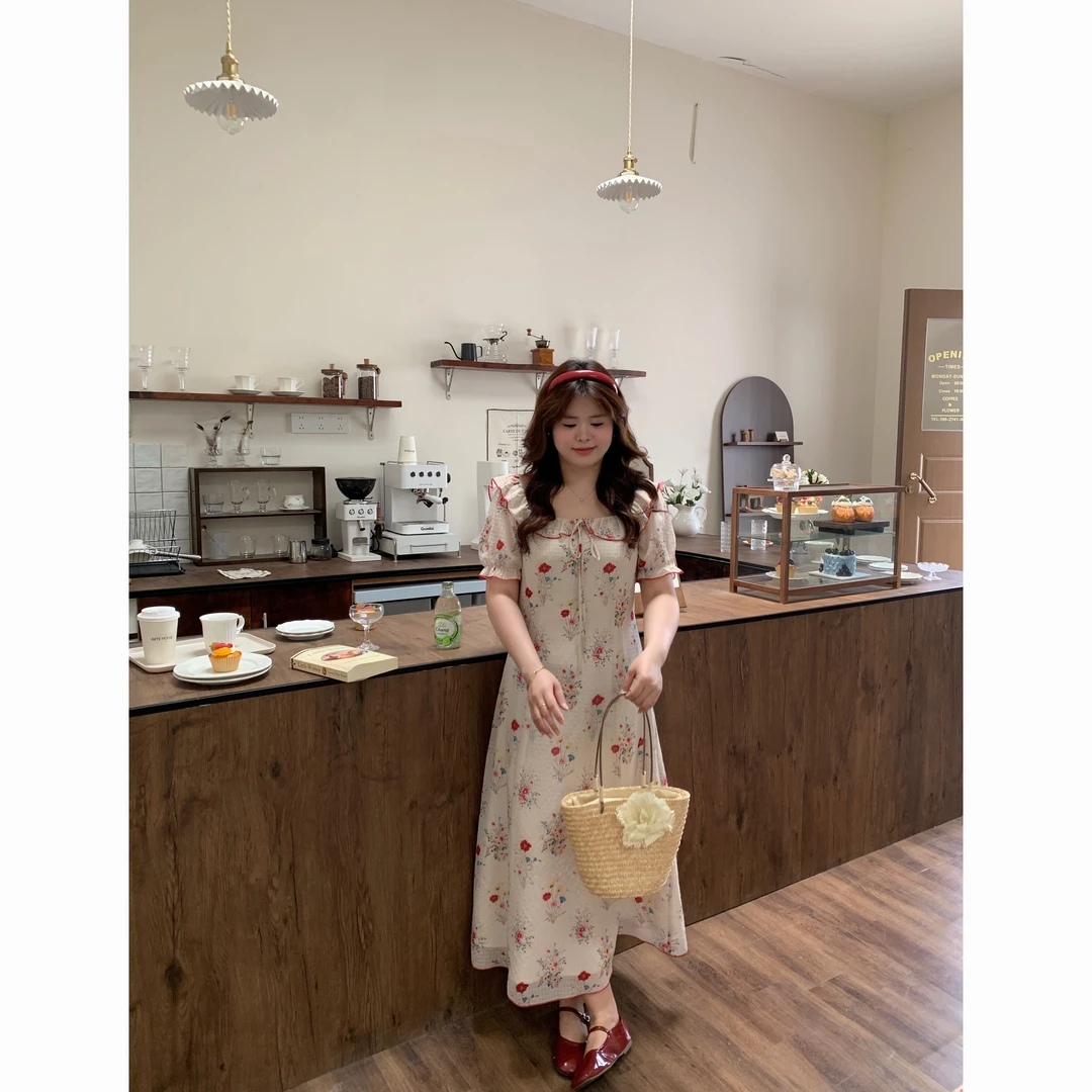 【玫瑰秘境】大头婷微胖夏季方领木耳边花卉收腰显瘦短袖长裙