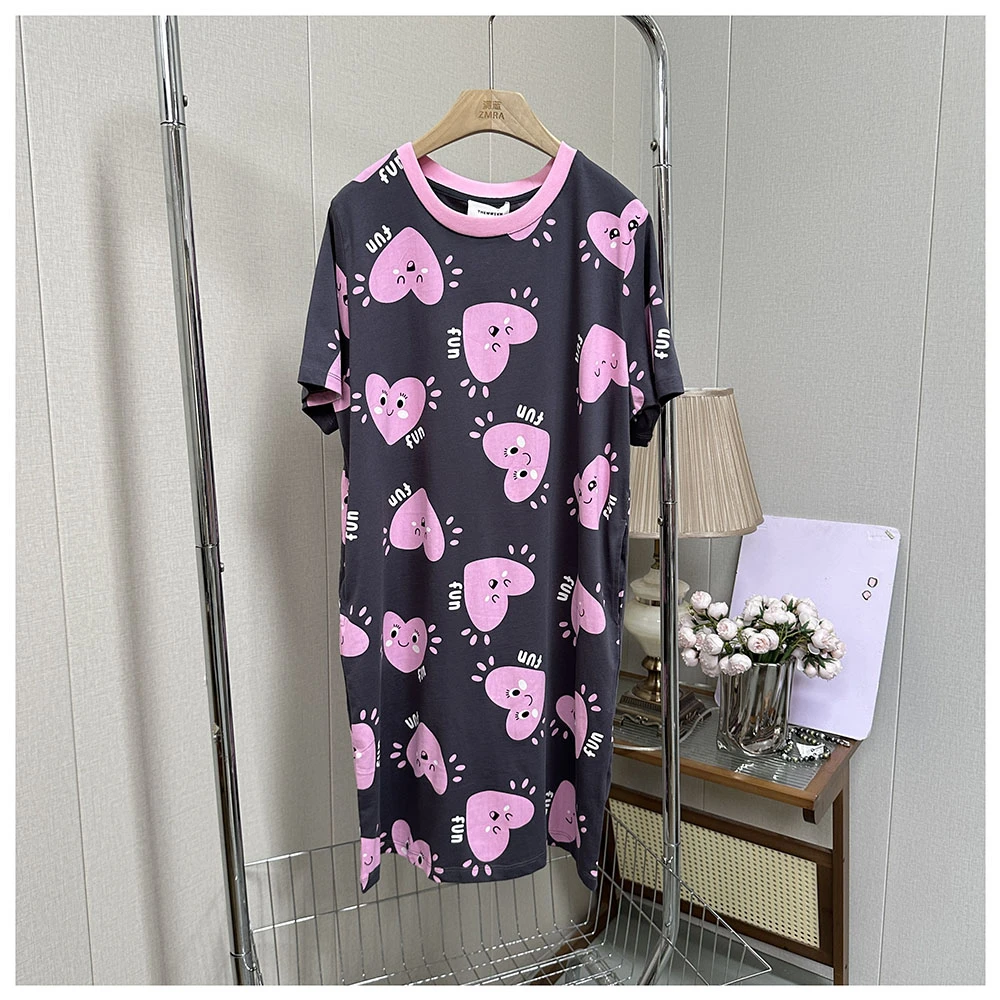 1Q039夏季新款宽松中长款印花圆领短袖连衣裙女