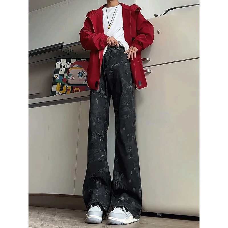 美式高街蛇纹迷彩牛仔裤男款春季洗哈设计感直筒裤子微喇休闲长裤