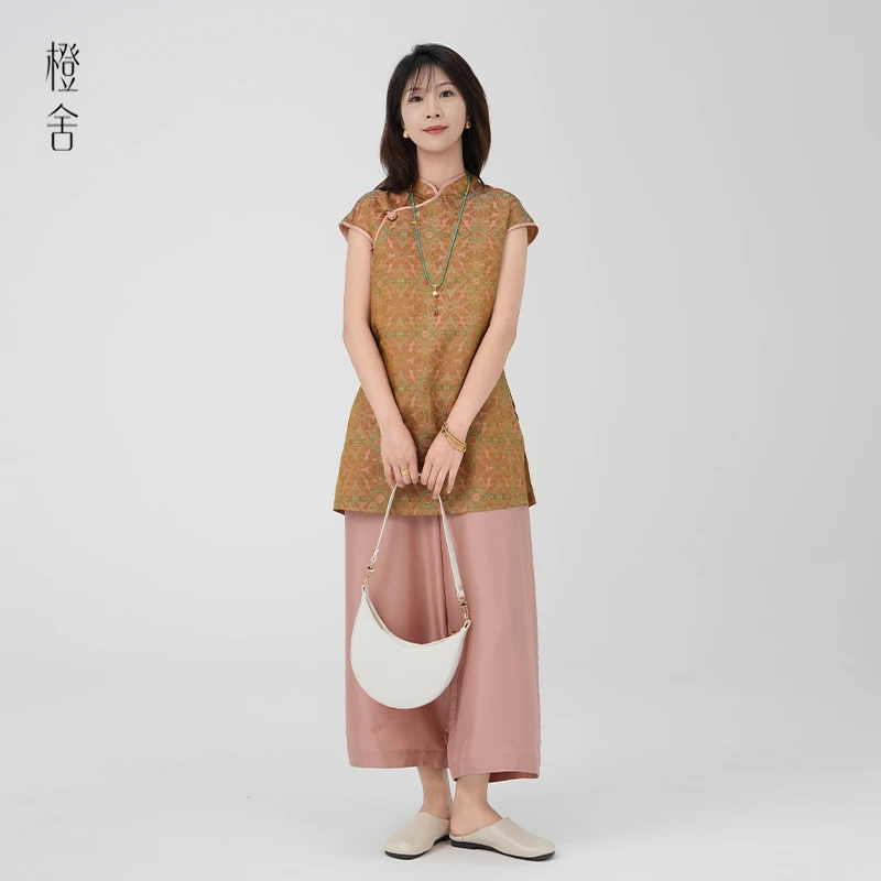 橙舍『檀香引』夏复古国风新中式桑蚕丝茶香宋锦无袖上衣S01-16552