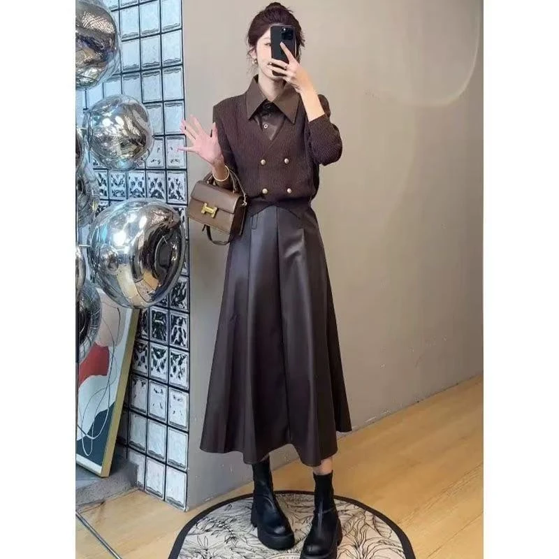 秋季穿搭一整套高级感2025新款假两件翻领拼接针织衫半身裙两件套