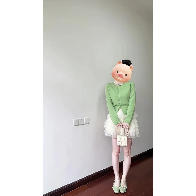 绿色花边针织开衫外套漂亮上衣蕾丝半身裙a字蛋糕裙短裙2025春夏