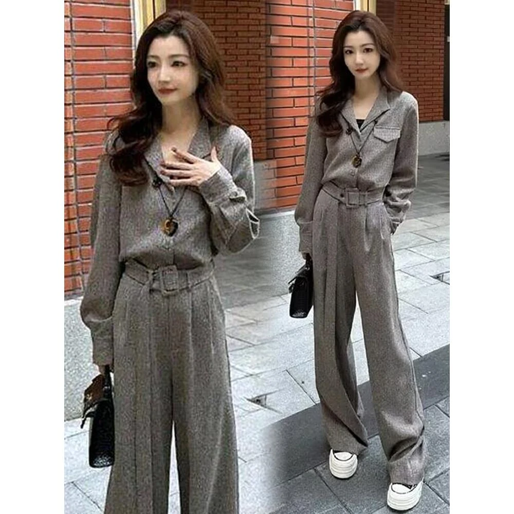 Lixu2025秋季新款洋气显瘦长袖上衣高腰阔腿裤气质休闲两件套套装