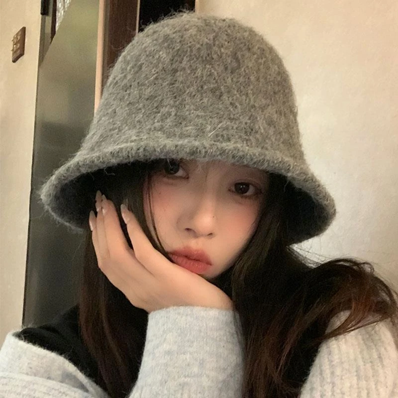 韩系灰色毛绒针织渔夫帽子女秋冬氛围感百搭盆帽大头围保暖水桶帽