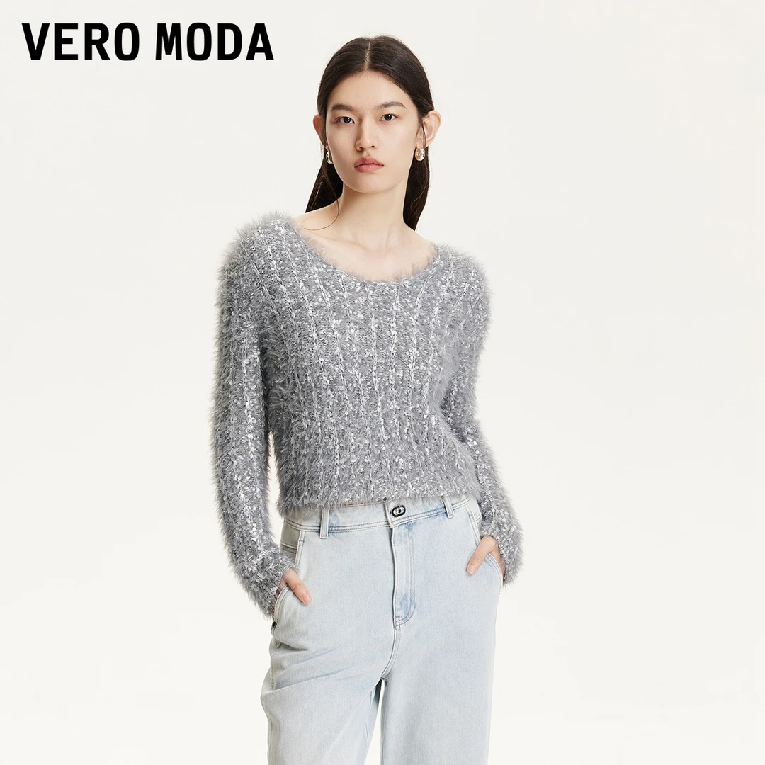 Vero Moda针织衫秋冬新款慵懒镂空圆领亮丝洋气温婉大方小众炸街
