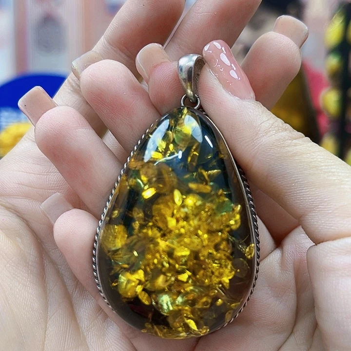 蜜蜡银S925镶嵌裸石吊坠