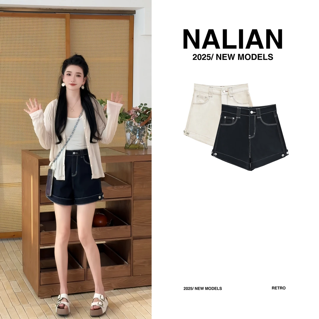 JGCJH2136#明线挽边扣高腰牛仔短裤夏季2136