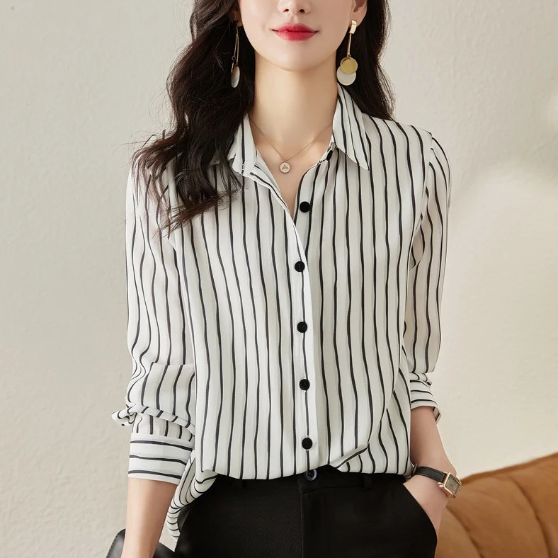 条纹衬衫女长袖秋季2025新款洋气衣服女衬衣春秋款法式雪纺衫上衣