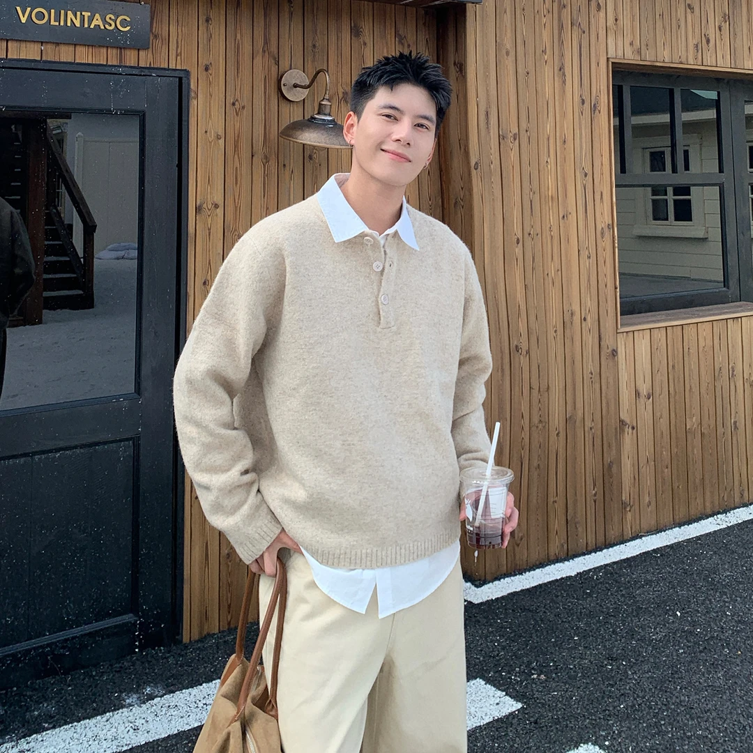 Holocene美式潮牌慵懒风纯色毛衣男秋季宽松百搭时尚针织衫4813