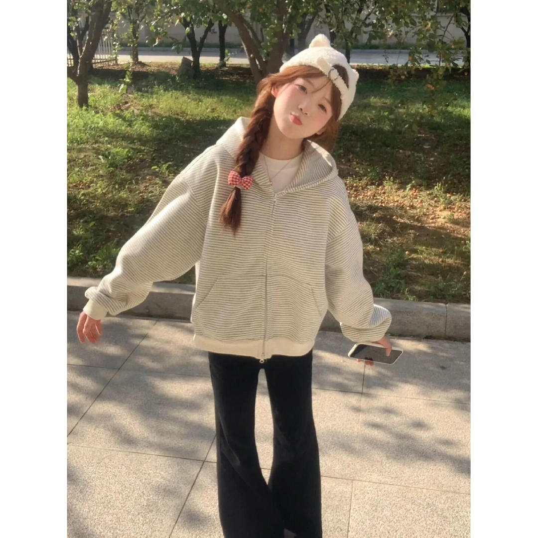 美式设计感条纹拉链秋冬外套设计感连帽加绒加厚卫衣女百搭显瘦潮