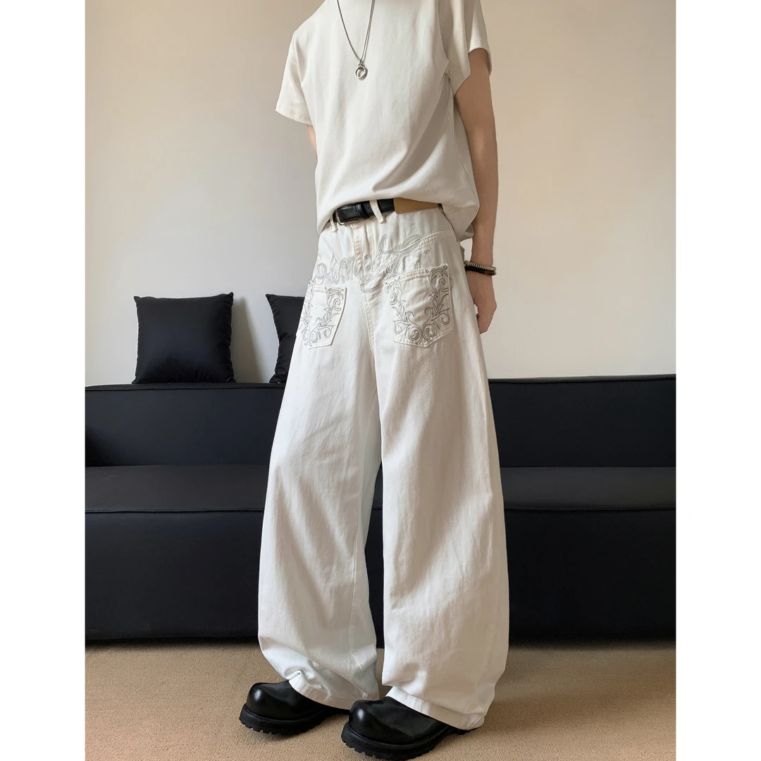 秋季新款美式复古牛仔裤男女低腰弯刀休闲裤宽松阔腿设计感拖地裤