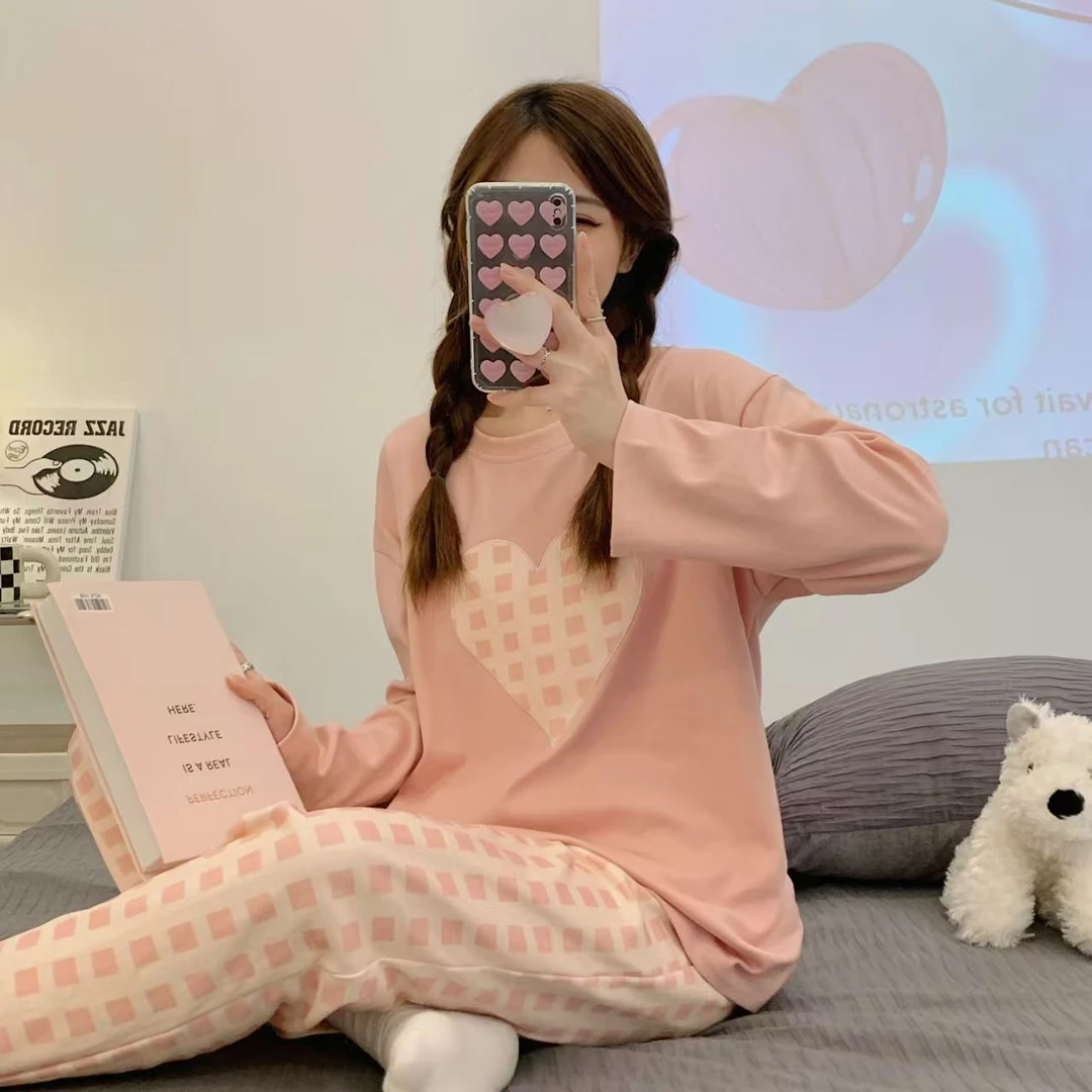 睡衣女秋冬长袖长裤套头新款宽松春秋天格子可外穿网红家居服套装