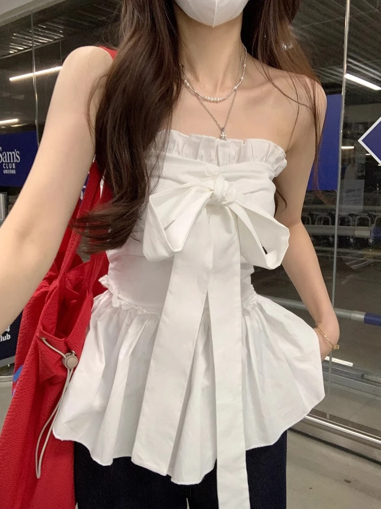 蝴蝶结绑带美背抹胸背心女夏季韩系甜美修身无袖外穿显瘦白色上衣