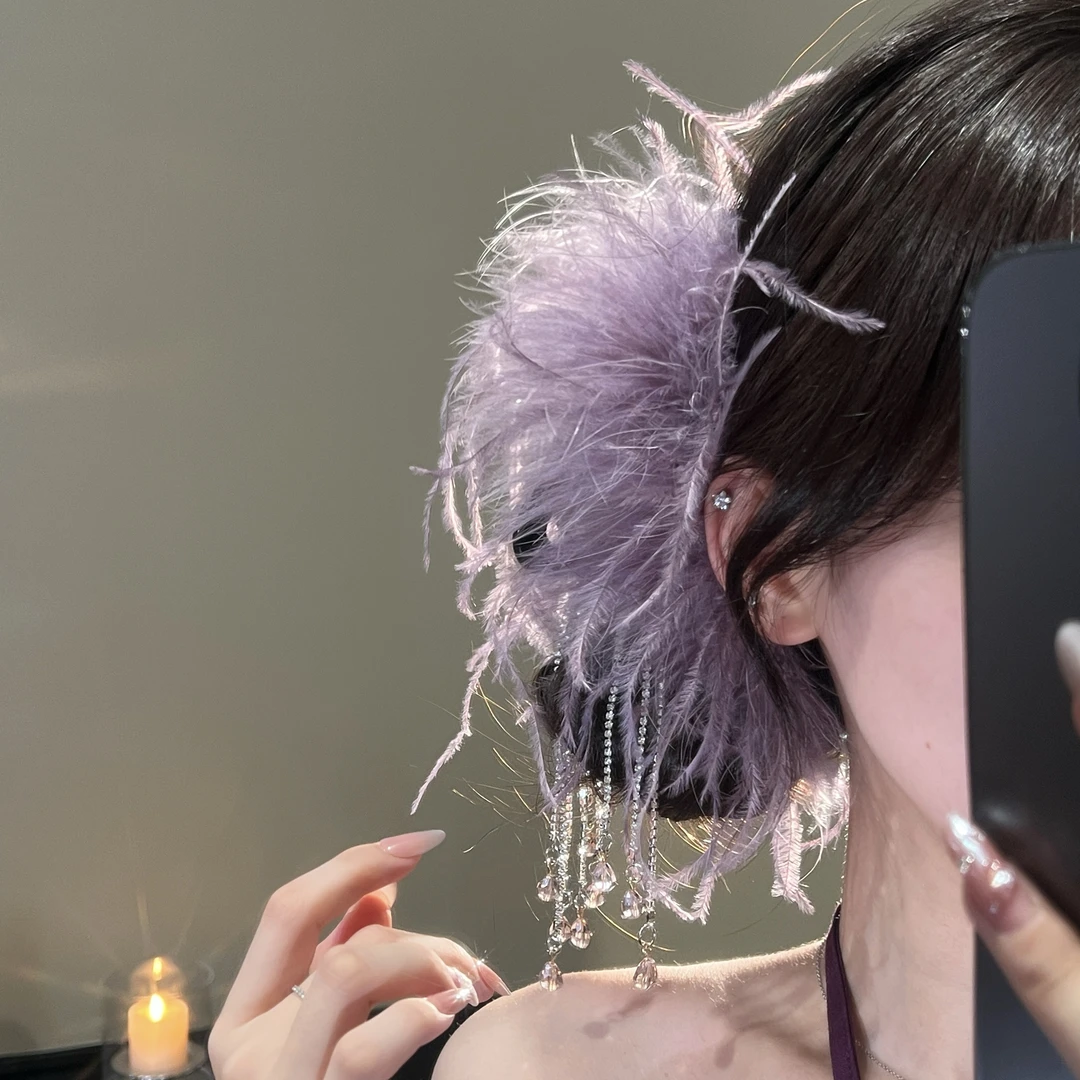 气质蓬松仙气羽毛鲨鱼夹流苏精致氛围感高级纯欲抓夹发夹子