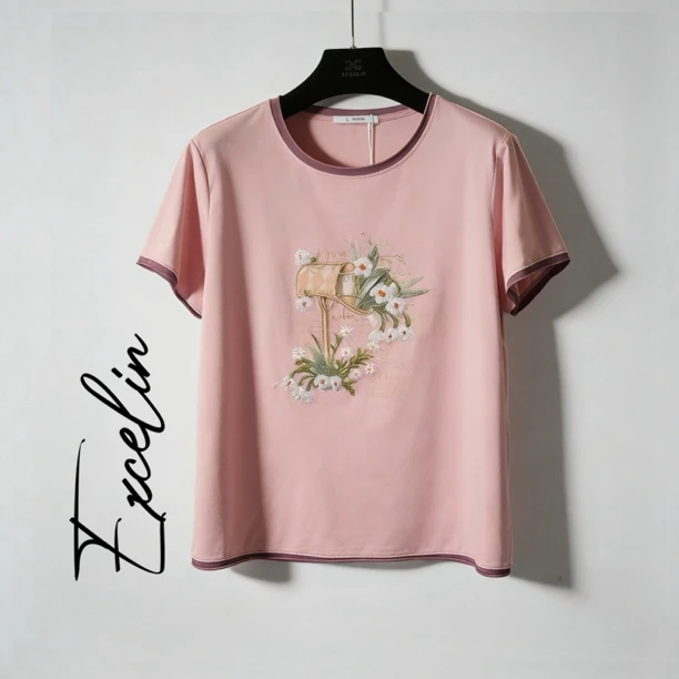 反季破价【浅粉刺绣白花短袖圆领】夏季舒适薄款显瘦减龄T恤女上衣