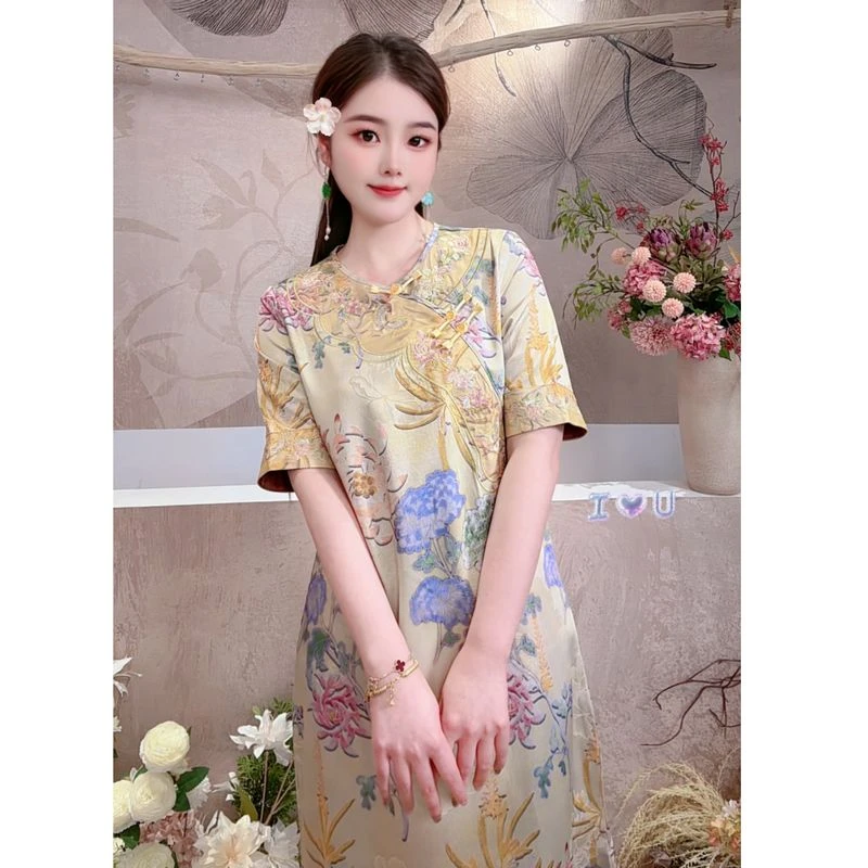 【百花齐放】2025新款夏季气质新中式国风裙子圆领绣花半袖连衣裙女