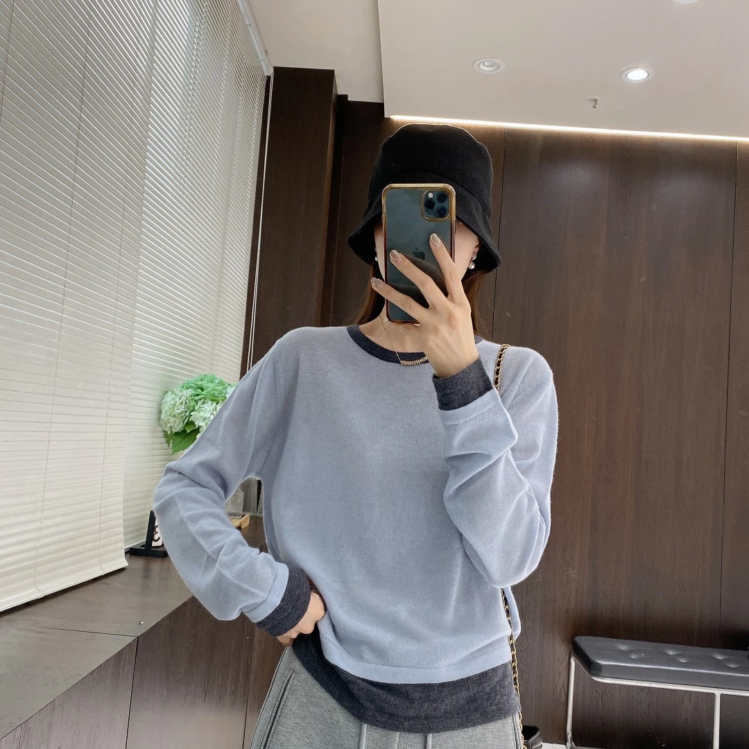 IMFLY金小金自制女装 羊毛衫DYW8650春季休闲拼接假两件毛衣女