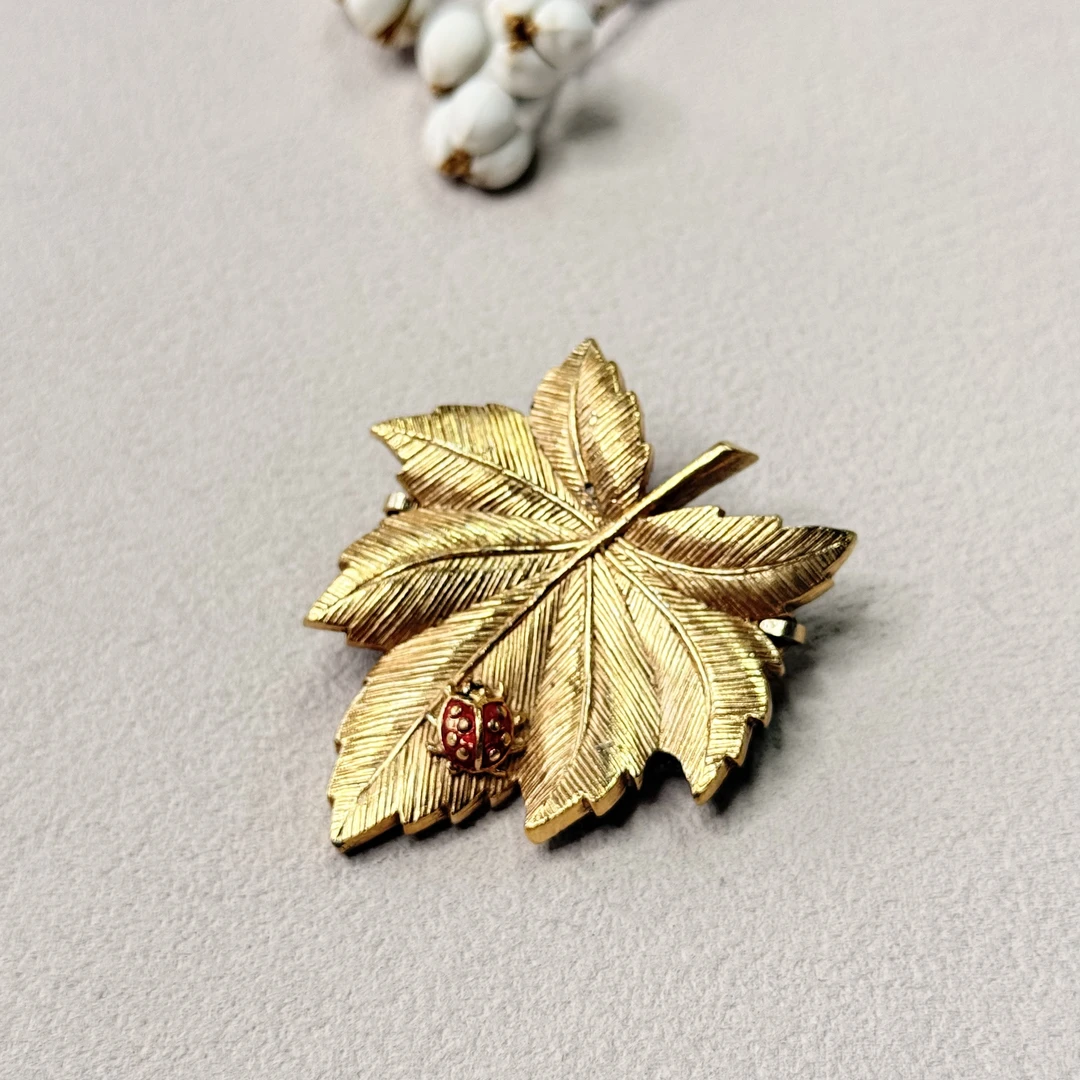 铜合金锆石胸针 【六六中古】孤品复古枫叶双面胸针te1983