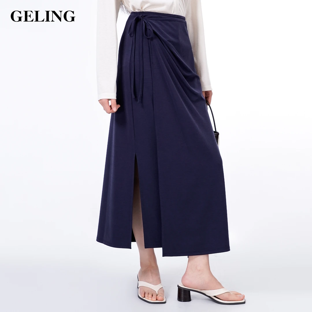 GELING/歌&玲2025新款仿铜氨围裹式不对称针织显瘦中长裙G511X27