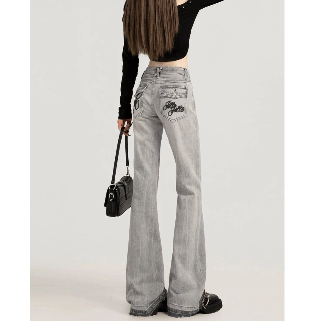 美式辣妹低腰微喇牛仔裤女2025新款烟灰色毛边刺绣显瘦拖地喇叭裤
