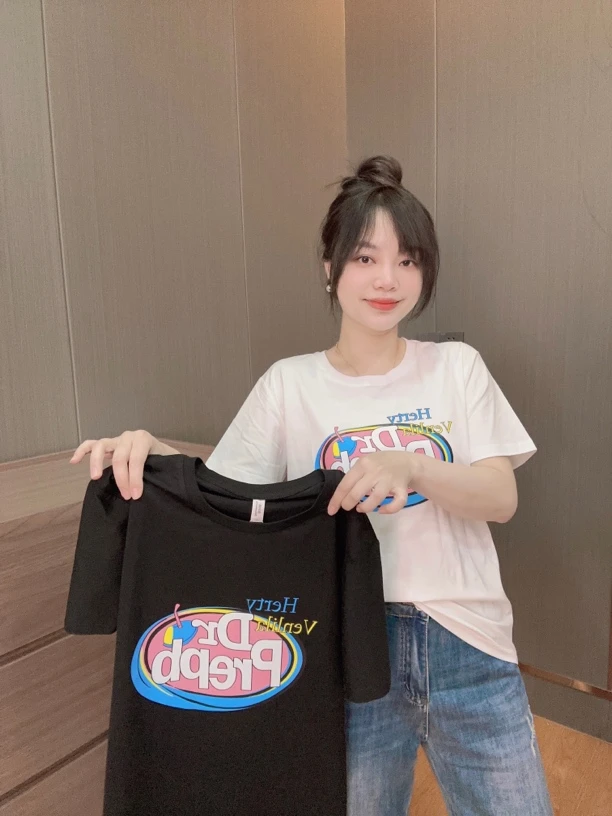 御妍婷英文短袖显瘦圆领正肩t恤女百搭弹力新款上衣386