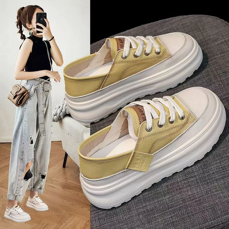 2025夏季新款两穿一脚蹬厚底板鞋透气白鞋百搭休闲女鞋L01