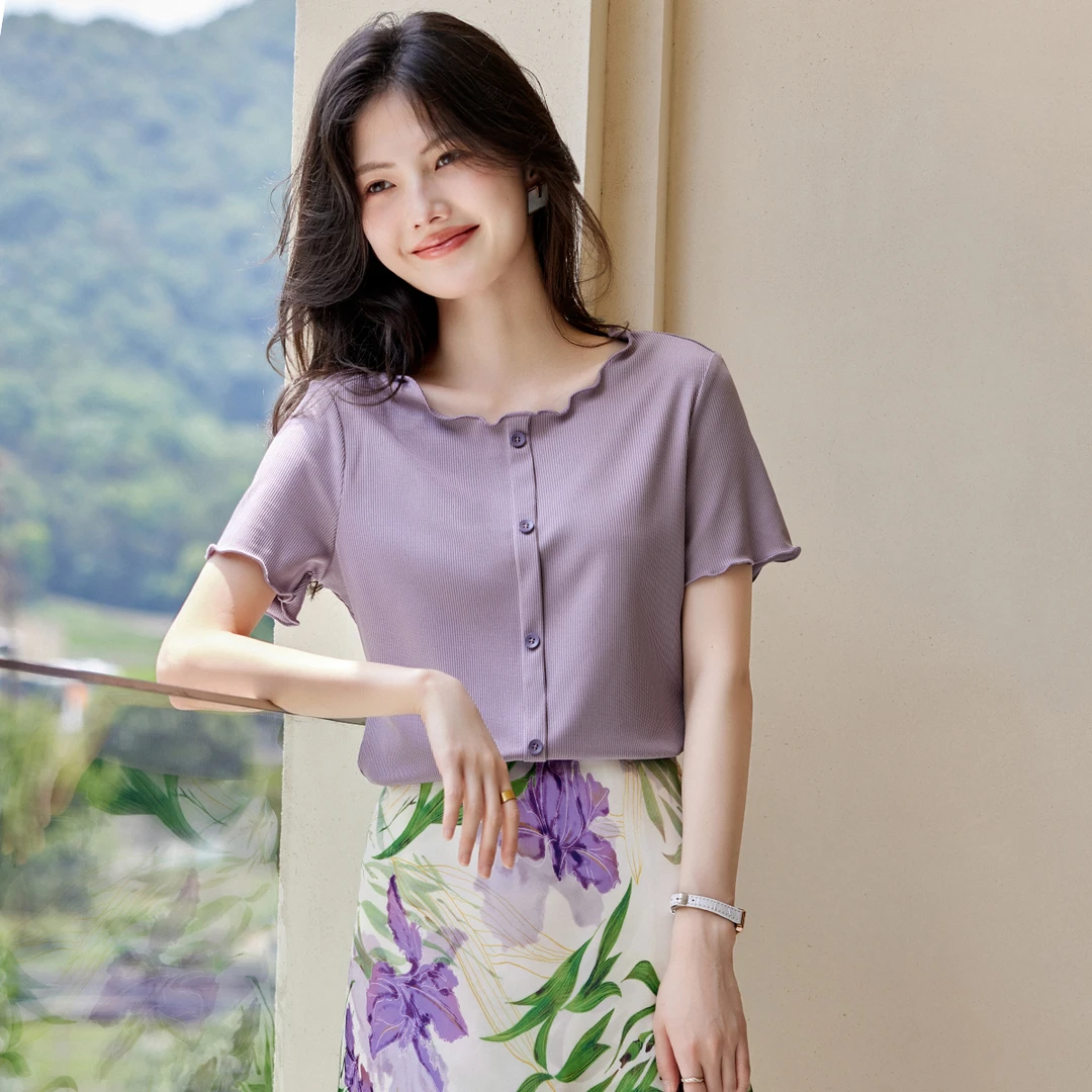 XWI/欣未25夏季圆领舒适气质百搭短袖显瘦遮肉简约减龄T恤女7046