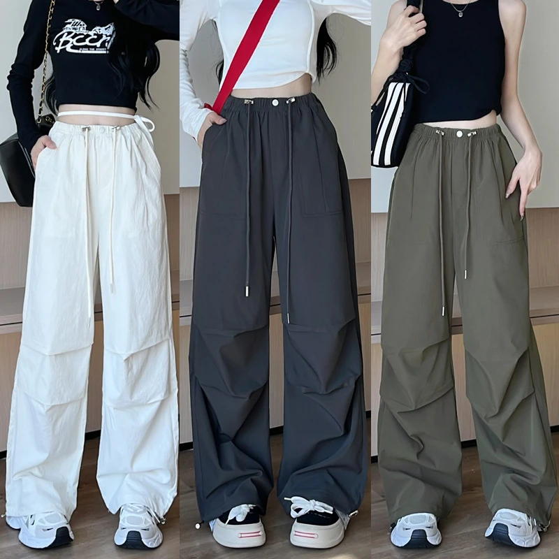 美式复古抽绳宽松休闲显瘦速干伞兵工装阔腿裤大口袋系绳裤女爆款