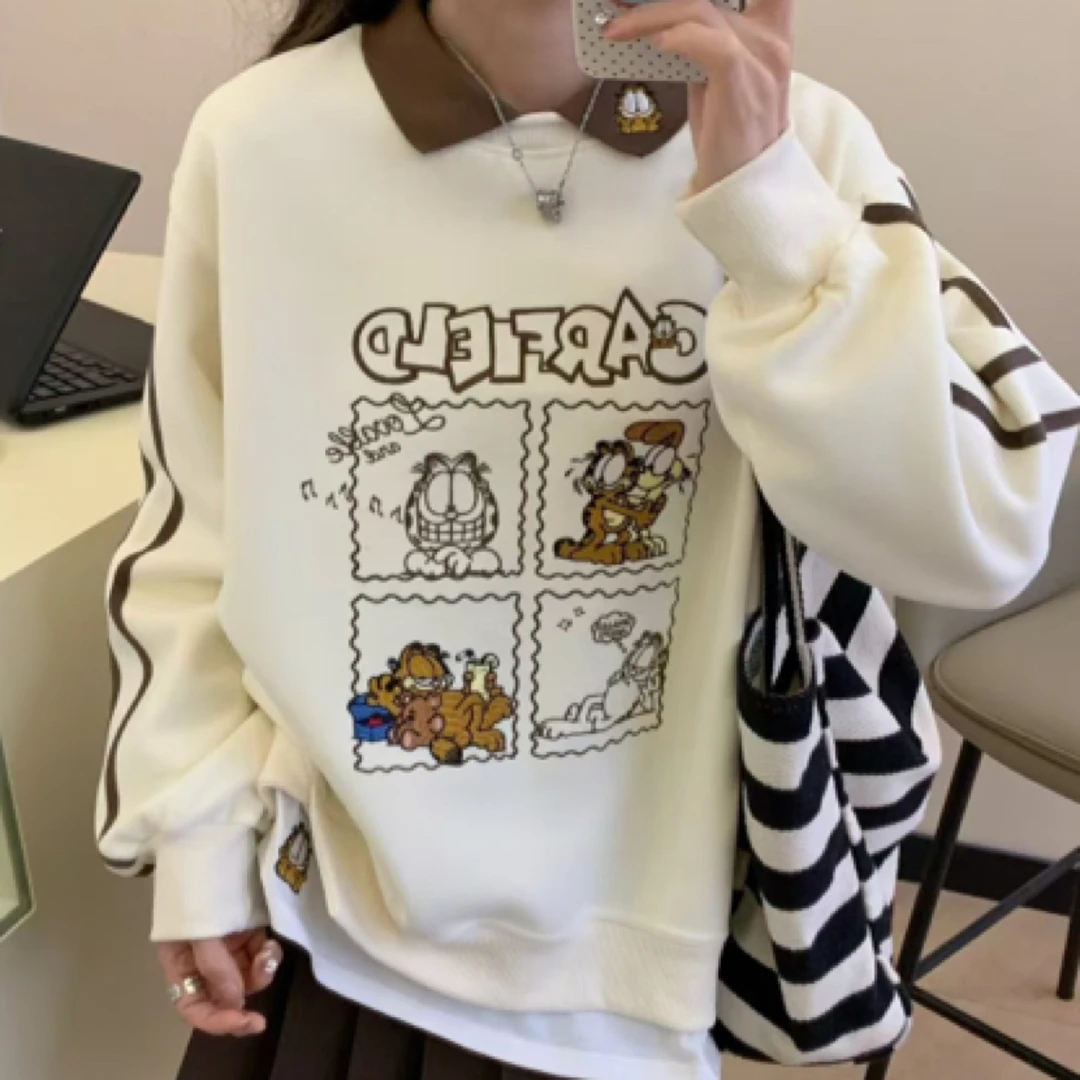 25春季新款polo领加菲猫重工刺绣假两件套头卫衣韩版宽松显瘦