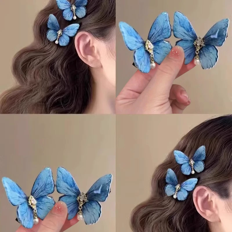 超仙覆古蓝色蝴蝶边夹发夹女侧边浏海夹高级感冷艳卡子古风发饰粉