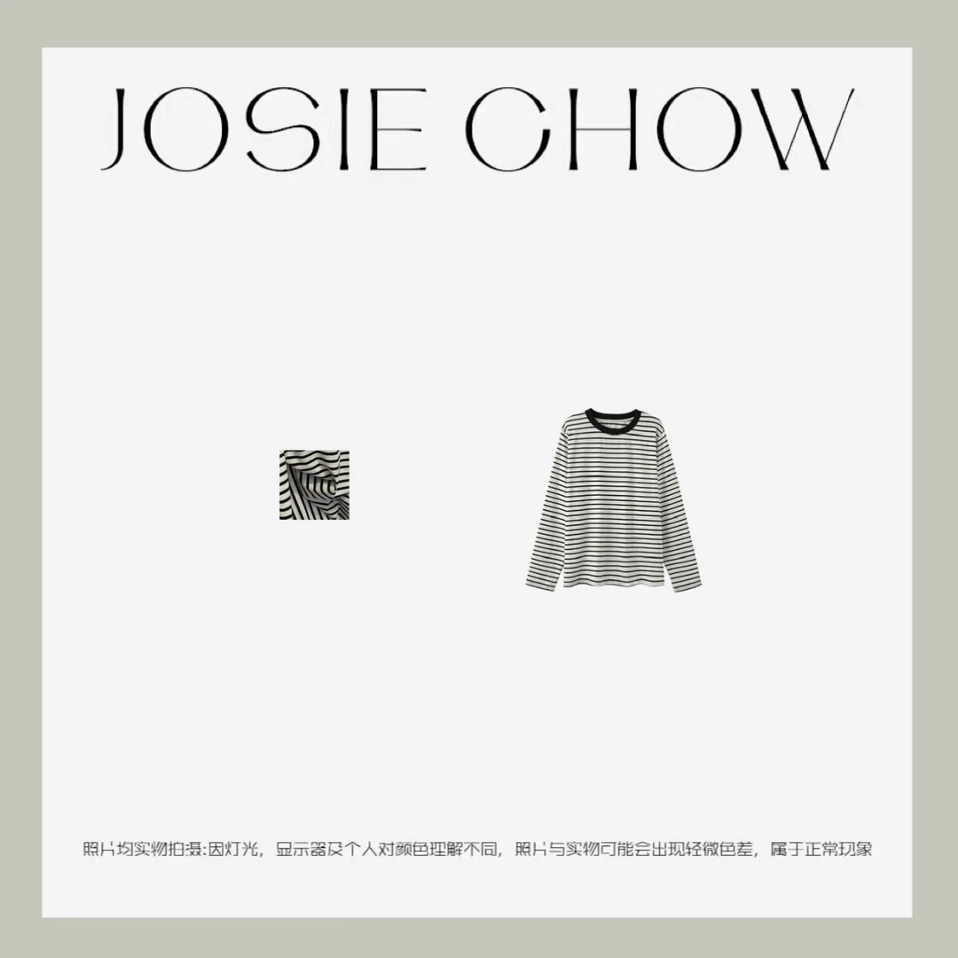 JOSIE CHOW【条纹】藏青原麻间隔条纹圆领亚麻丝T恤。Te061183