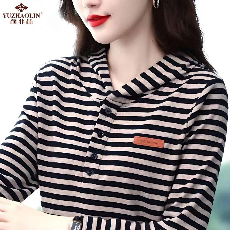 俞兆林微胖条纹连帽打底秋冬时尚韩版纯棉长袖T恤显瘦拼接上衣